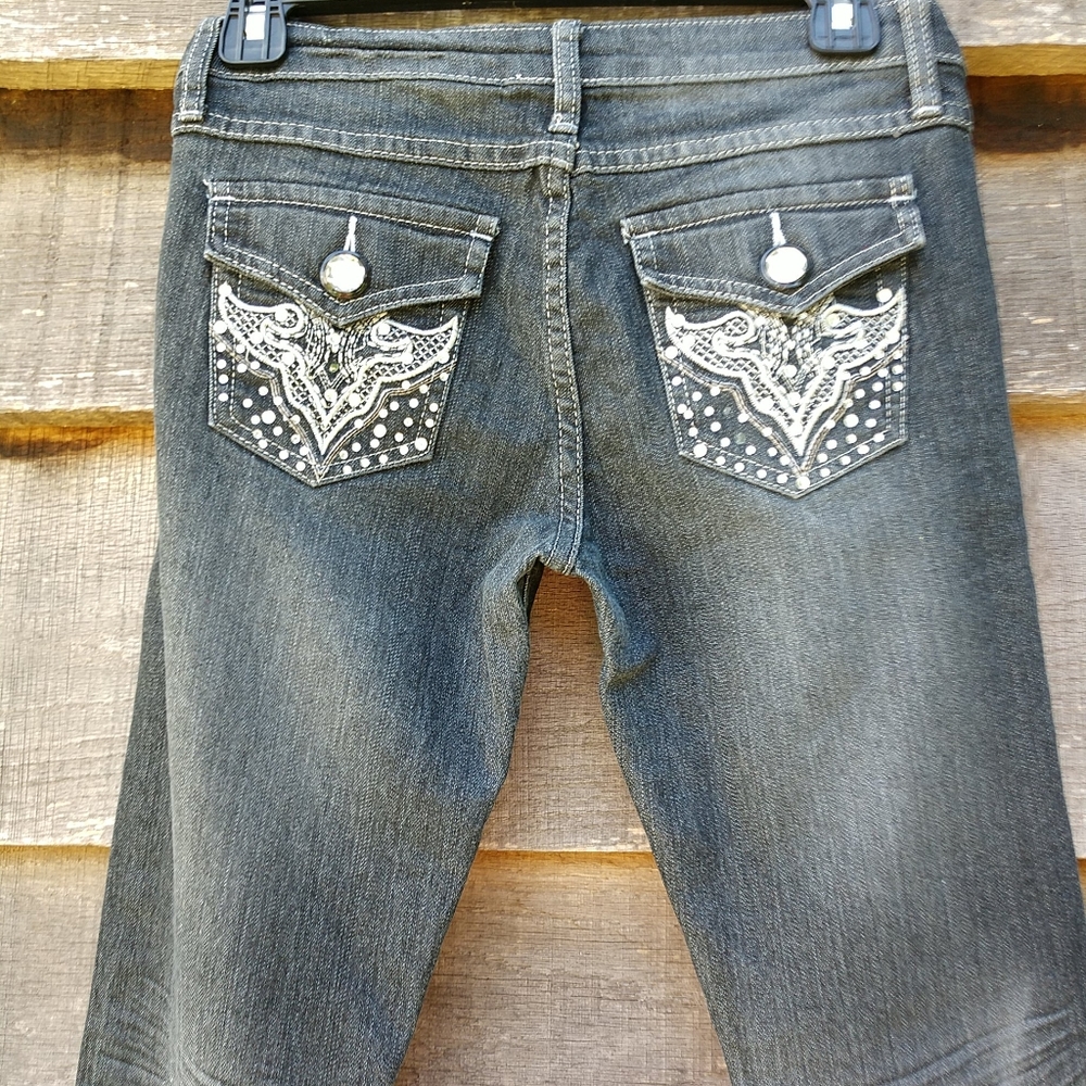 VIP Jeans Dalizzing Black Distressed Rhinestones Low Rise Skinny Jeans 5-6 EUC